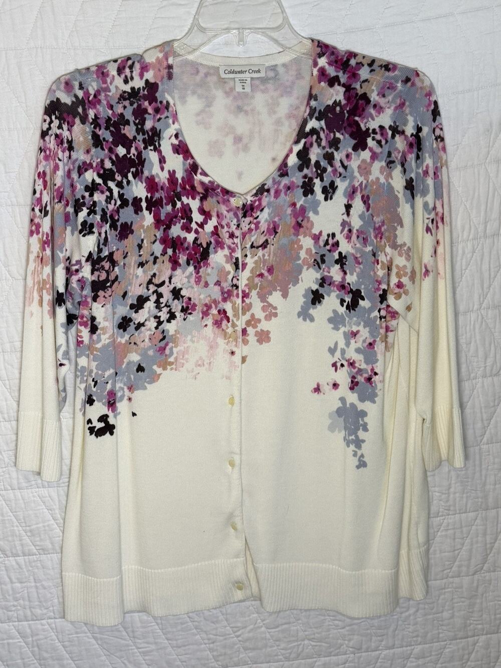 Coldwater Creek 1X White floral button up cardigan 3/4 sleeves
